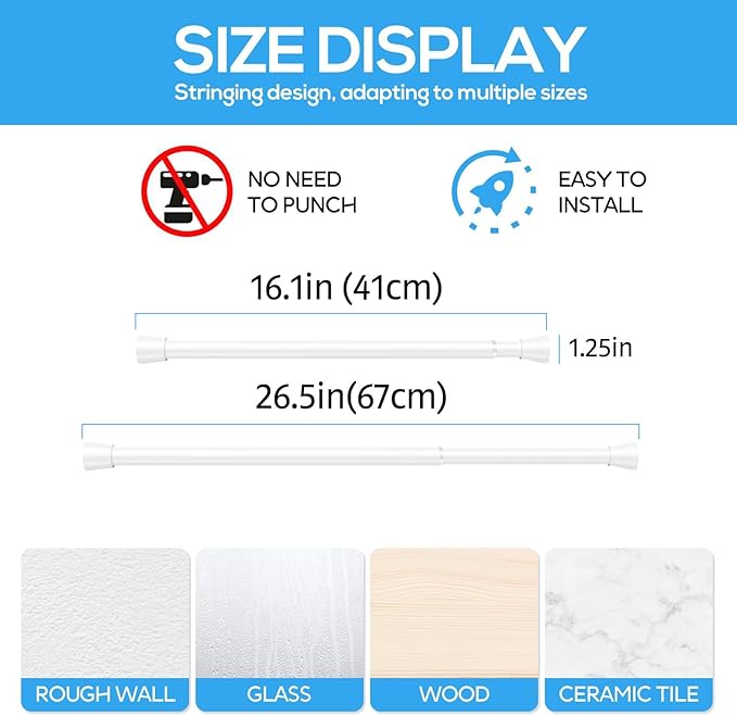 1 Pack Spring Tension Rods 18-26 Inches, 7/8 Inch Diameter White No Drill Spring Loaded Adjustable Extendable, Small Short Tension Curtain Rod for Windows Kitchen Doorway Closet Cupboard