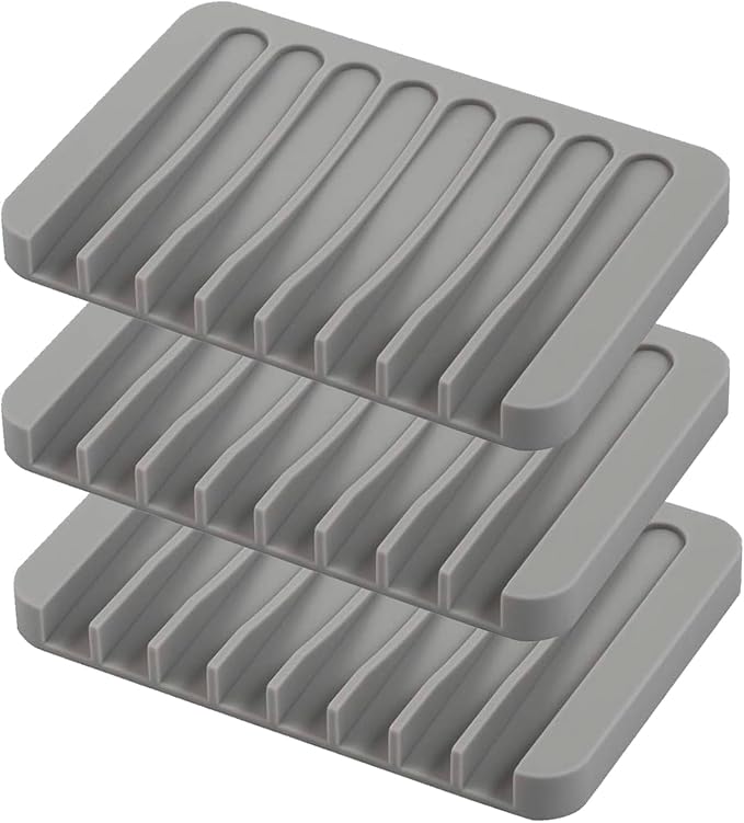 Self Draining Soap Dishes, 3 Pcs Silicone Soap Saver, Waterfall Drainer Soap Holder for Bathroom, Extend Soap Life, Keep Soap Bars Dry Clean & Easy Cleaning (Gray)