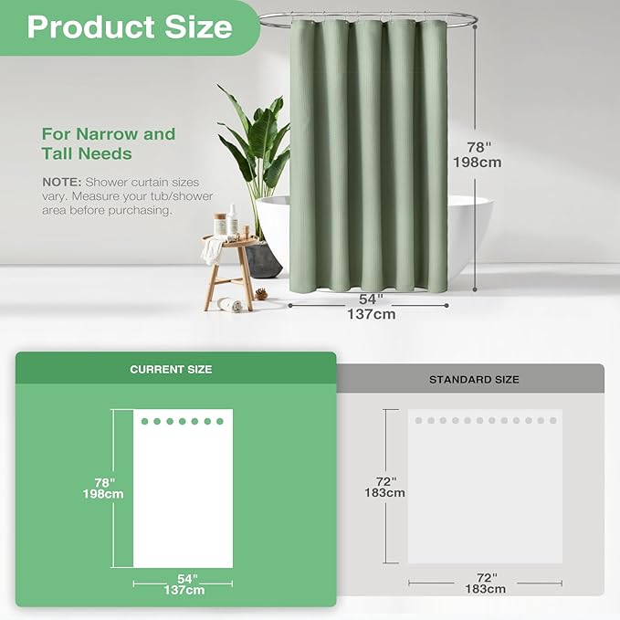 Dynamene Stall Fabric Shower Curtain - 54x78 inch Long Waffle Weave Weighted Thick Cloth Shower Curtains for Bathroom,Heavy Duty Hotel Spa Luxury Bath Curtain Set with 10 Plastic Hooks,Sage Green