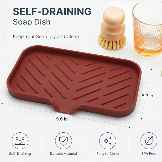 MicoYang Silicone Soap Dish with Drain Spout — Self-Draining Sink Organizer Tray for Bathroom & Kitchen, Sponges, Dispensers & Soap Holder, Non-Slip & Dishwasher Safe, Red (Medium, 9.6"×5.3")
