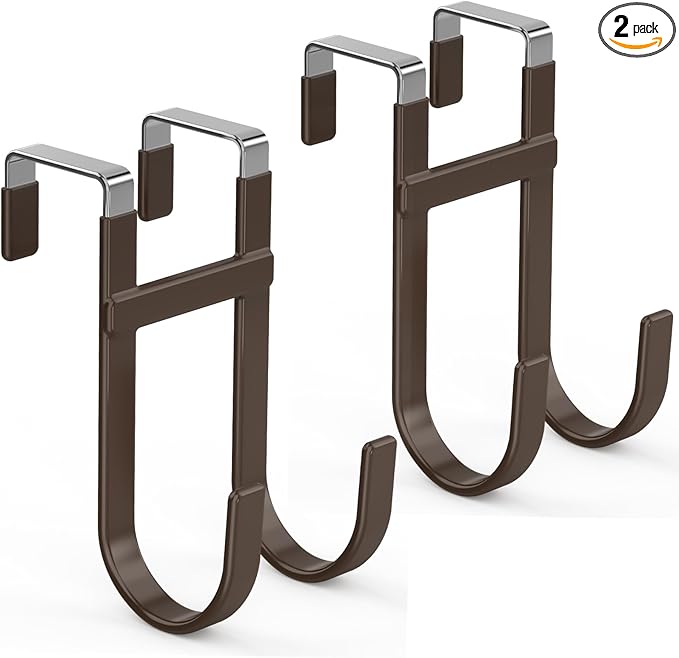 FYY Over The Door Hooks - 2 Pack Heavy Duty Double-Hanger Organizer for Bathroom Bedroom Dorm, Hanging Clothes Towels Hats Bags Ironing Board Wreath Robe - Fits Interior Doors Up to 1 3/8" Brown