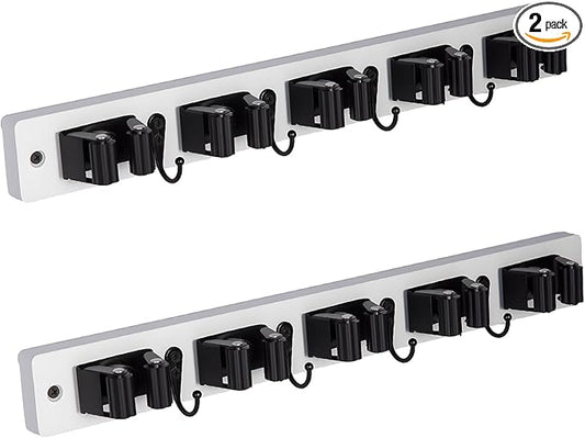 2 Pack Broom Holder Wall Mount With 5 Slots & 4 Hooks，Rustic Wood Broom & Mop Hanger，Wall Mounted Garden & Garage Tool Storage Organizer Rack for Closet Laundry Room or Kitchen Wall Decor White
