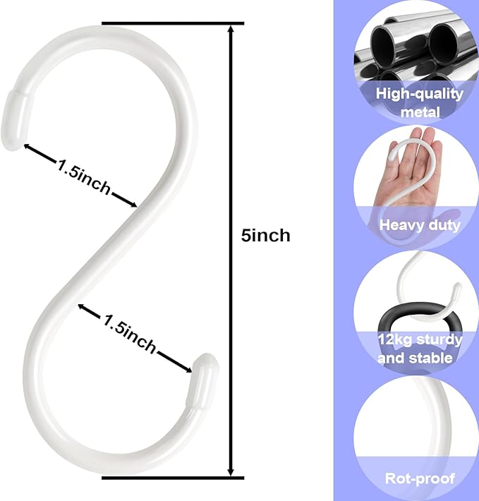 5 Inch Closet S Hooks, S Hooks for Hanging Jeans, 6 Pack White Vinyl Coated S Hook Sturdy Non Slip Kitchen and Heavy Duty S Hook for Hanging Large Object, Plants, Garden Tools,Pot