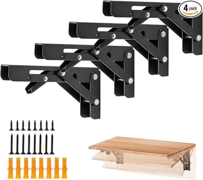 Ravinte 4 Pack 6 Inch Folding Shelf Brackets – Matte Black, Heavy Duty Collapsible Brackets for Tables and Benches – Space-Saving Design