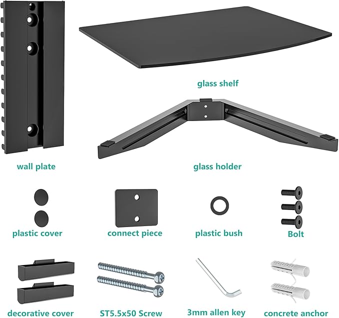 WALI Floating TV Shelf, 1 Tier Glass Projector Shelf for DVD Players, Routers, Game Consoles, Cable Boxes, Living Room Decor, Wall Mount Shelves Hold Up to 17.6lbs (CS201B), 1-Shelf, Black
