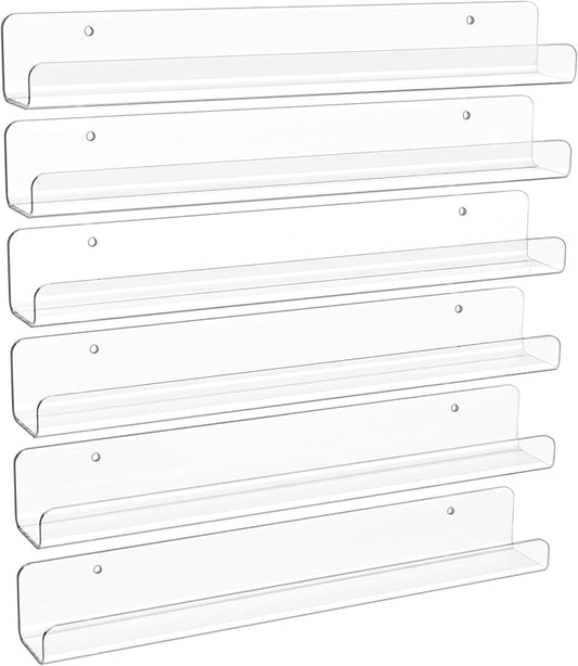 upsimples 6 Pack Clear Acrylic Shelves, 1.7" x12" Clear Wall Shelves for Nail Polish, Vinyl Wall Mount, Record Holder, Magazine Rack, Comic Display, Picture Ledge Shelf Décor