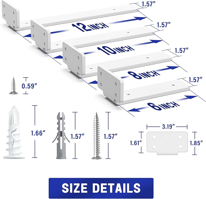 Goovilla Shelf Bracket, Heavy Duty Floating Shelf Brackets 10 inch Long, 6 Pack Brackets for Shelves, White Coated Metal Wall Shelf Support Brackets with 1/5 Inch Thick and 160 lb. Load Capacity