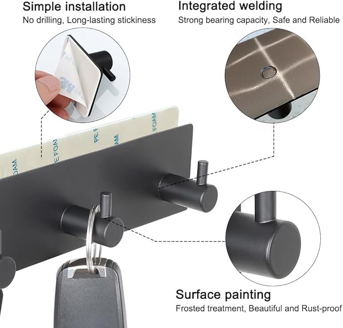 VIRFIN Key Holder for Wall with 2 Self-Adhesive Tapes, No Damage Key Holder Rack for Wall with 3 Key Hooks for Entryway, Door, Bathroom, Kitchen(Black)