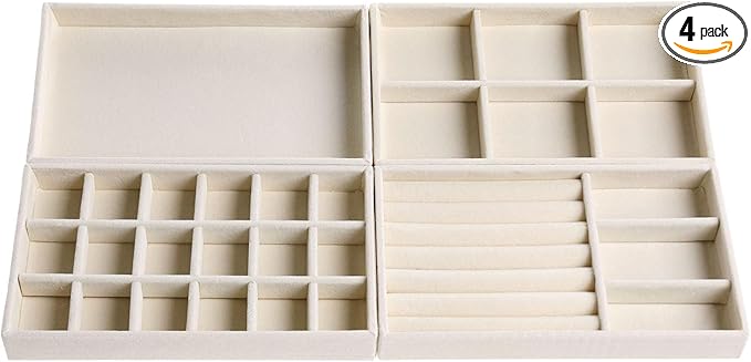 Velvet Jewelry Organizer for Drawer, Stackable Jewelry Drawer Inserts in Dresser, 8in Beige Storage Display Case for Rings Stud Necklaces Accessories, Set of 4