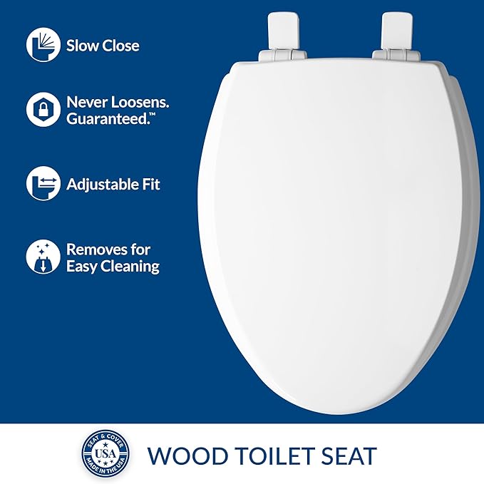 Mayfair Cassel Slow Close Toilet Seat, Easy Clean, Non Slip Premium Wood Seat, Easy Install, Made in USA, Elongated, White, 4-Pack
