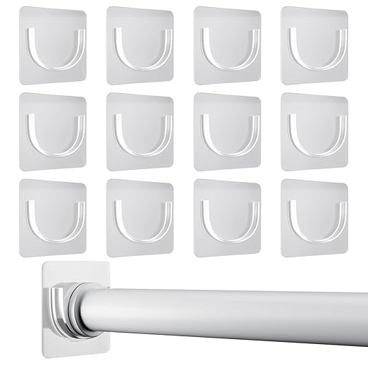 12 Pack Shower Rod Holder with Strong Adhesive, Shower Curtain Rod Holder No Drilling, Shower Bar Holder,Tension Curtain Rod Bracket Large