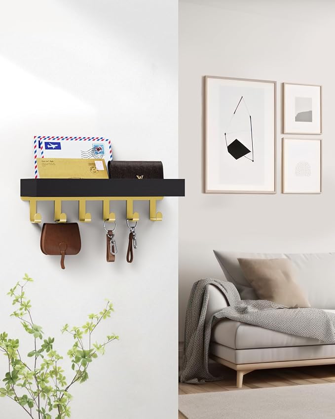 Key Holder Wall Mount Adhesive Magnetic - Hanging Key Hooks with Tray for Wallet House Accessories - Keys Hanger Rack with Shelf for Camper Entryway Door Home Living Room Decor Black Gold