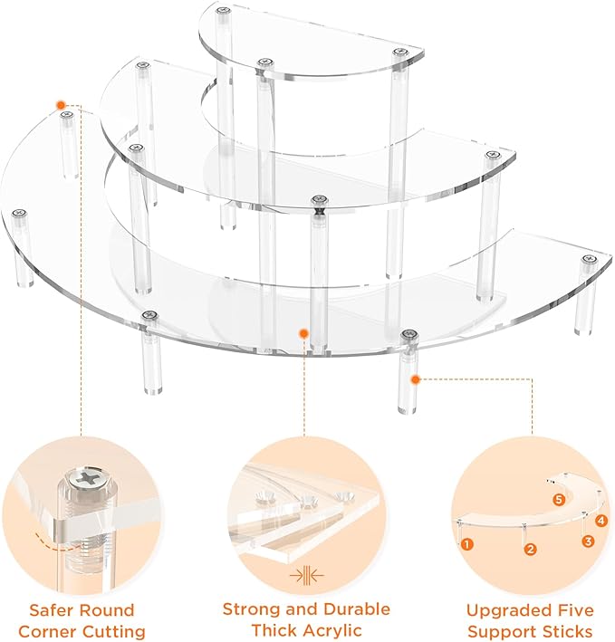Dooiclear 3 Tier Acrylic Display Risers 2 Pack, Half Moon Cupcake Stand, Clear Perfume Organizer, Dessert Stand for Display, Clear Display Stand for Food, Cupcake, Perfume, Collections
