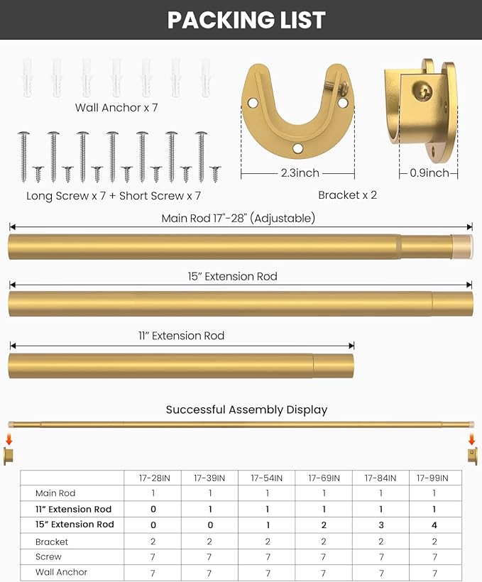 2 Pack Closet Rods for Hanging Clothes, 17 to 39 Inches Stepless Adjustable Metal Closet Rod, 1.3 Inches Heavy Duty Clothes Hanging Rod for Closet Wardrobes Laundry RV, Golden
