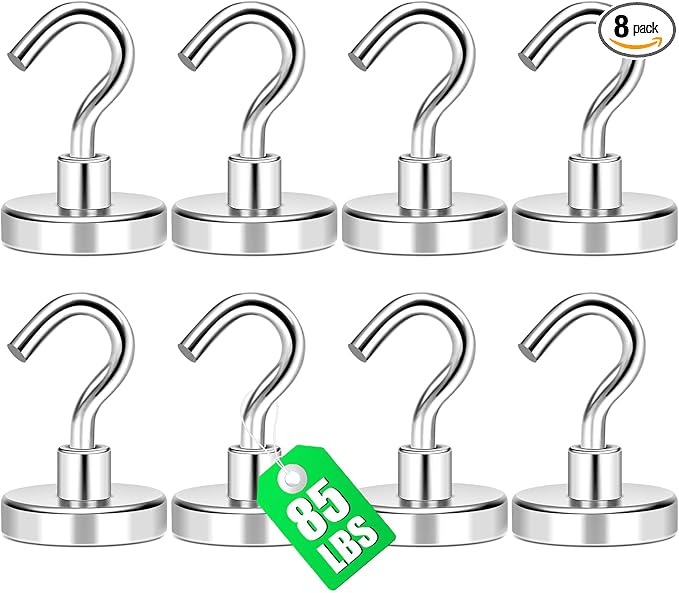 MIKEDE Magnetic Hooks 85Lbs Heavy Duty Earth Magnets with Hooks for Cruise Cabin Strong Magnet Hooks for Hanging Super Metal Magnetic Hanger for Grill Fridge Kitchen - Pack of 8