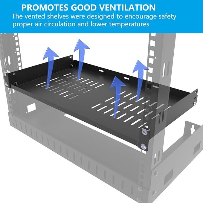 1U Disassembled Universal Server Rack Shelf Steel, 12" Deep Vented Cantilever Rack Tray for 19” Network Equipment Shelf Mounting, Black (12 inch)