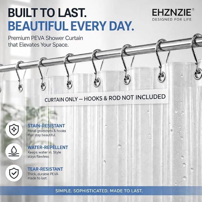 EHZNZIE Crystal Clear Shower Curtain Liner 54x78, PEVA Waterproof Bath Curtain, No Chemical Smell, 3 Weighted Magnets, Durable with Rustproof Metal Grommets