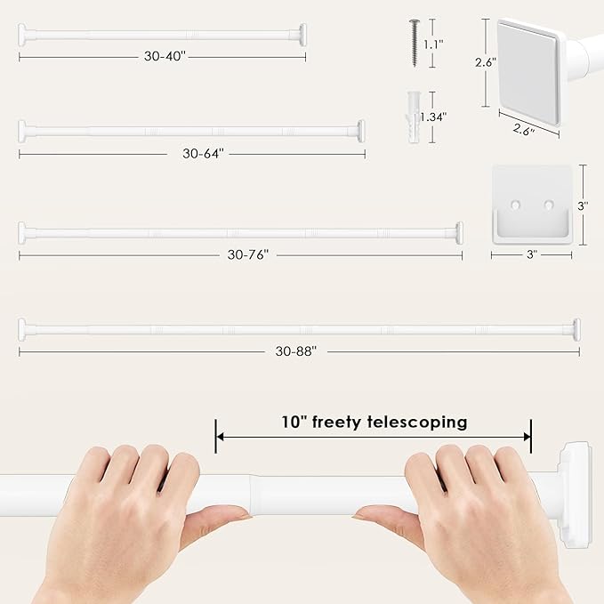 White Shower Curtain Rod,Spring Tension Curtain Rod 30-64”,No Drill or Screw Installation Shower Rod for Bathroom, Closet, Kitchen with Brackets