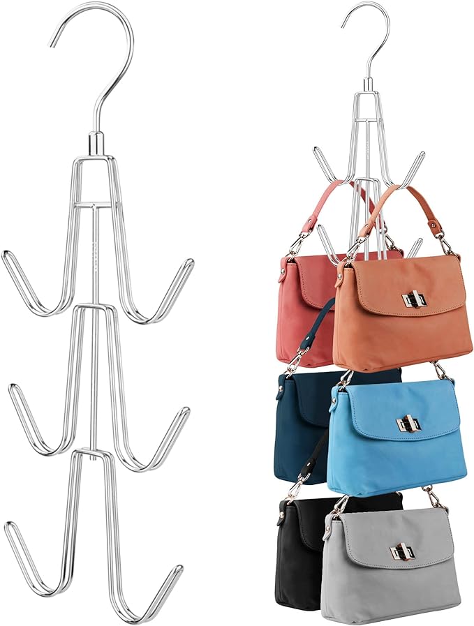 ZEDODIER 2 Pack Purse Organizer for Closet, Heavy-Duty Hanging Purse Hanger Closet Holds Up to 12 Purses, Metal Rotating Space Saving Bag Holder Handbag Storage Hook Backpack Rack, Silver