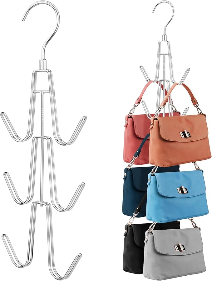 ZEDODIER 3 Pack Purse Organizer for Closet, Heavy-Duty Hanging Purse Hanger Closet Holds Up to 18 Purses, Metal Rotating Space Saving Bag Holder Handbag Storage Hook Backpack Rack, Silver