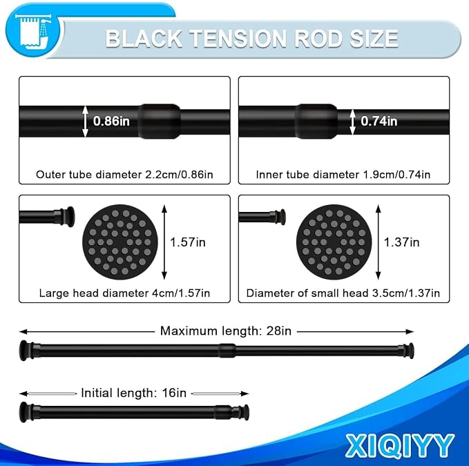 Strong Small Tension Rods 16 to 28 Inch Diameter 22 MM 1Pcs 1inch Shower Curtain Rod Black, Anti-slip -Heavy Duty Adjustable Spring Tension Rod for Windows,Bathroom