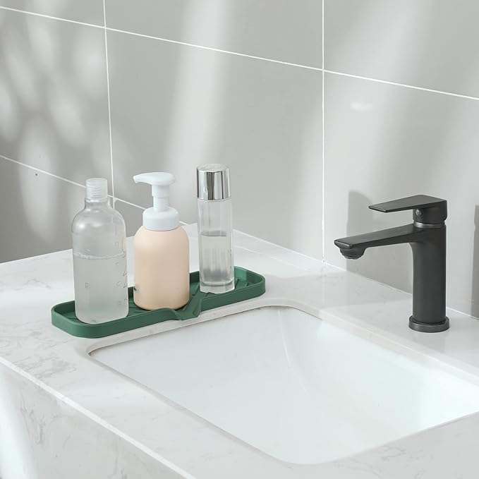 MicoYang Silicone Soap Dish with Drain Spout — Self-Draining Double Sink Organizer Tray for Kitchen & Bathroom, Dispensers, Sponges & Soap Holder, Non-Slip & Dishwasher Safe, Green (Large, 12"×4")