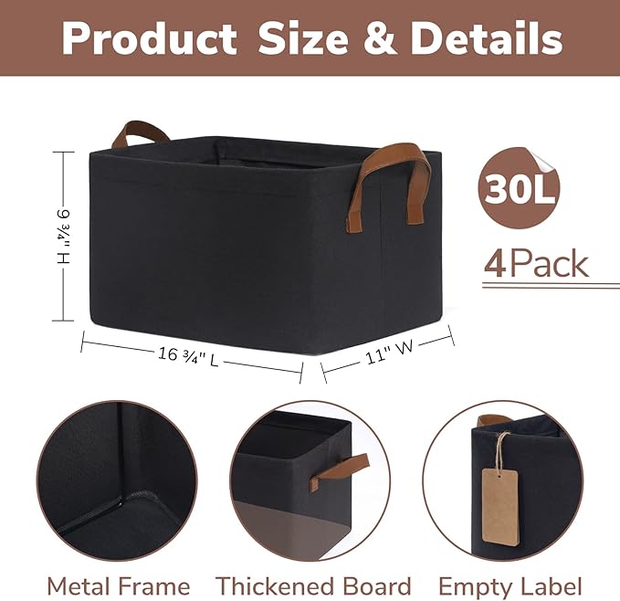 CHICVITA Storage Baskets for Shelves, Large Fabric Storage Bins with Metal Frame, Closet Storage Bins for Clothes Toy Organizer, 16 ¾" L x 11" W x 9 ¾" H, Black, 4-Pack