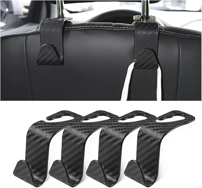 Car Back Seat Headrest Hooks, 4 Pack Carbon Fiber Stylish Back Seat Hanger for Car Handbag Clothes Coats Grocery Bags, Car Interior Accessories (Carbon Fibre/Black)