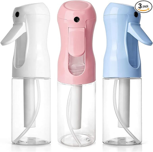 3Pcs Continuous Spray Bottles For Hair,Ultra Fine Mister for Hair Styling, Plants, Cleaning, Salon, Misting & Skin Care (200ml Blue+Pink+Clear)