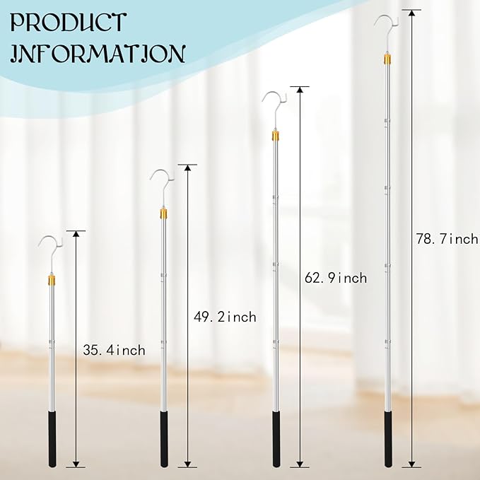 Clothes Hook Pole, Adjustable from 28 inches to 74 inches, Sponge Handle,Pick up Clothes from high Places,Closet Coat Rack Hook Rod, Used for Blinds Closets Ceilings, Strong Yet Lightweight.