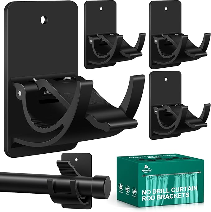 No Drill Curtain Rod Brackets, 4 PCS Self Adhesive Curtain Hooks 20lb, Nail Free Adjustable Curtain Rod Holders Rental Friendly for Apartment, Kitchen, Bathroom, Dorm ＆ Living Room