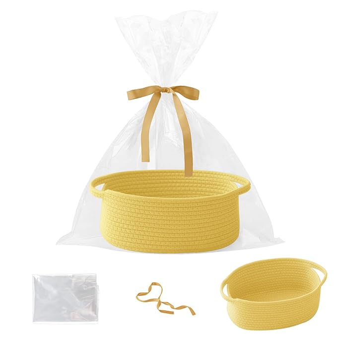Small Woven Rope Basket-Empty Gifts Basket with Bag and Ribbons,Cute Handle Organizer Box for Birthday/Baby Shower, Toy Storage, Nursery Organizing & Shelf Decor(Yellow)