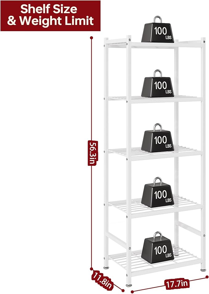 Small Storage Shelves, 5-Tier Metal Shelving Unit with Adjustable Feet, Compact Shelf Organizer for Garage, Kitchen, Pantry and Closet Organization, 17.7" x 11.8" x 56.3",White