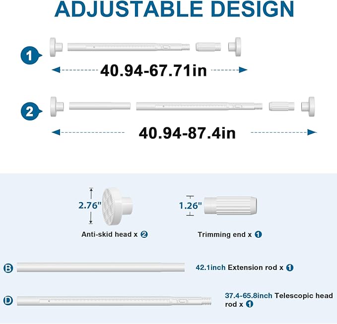 AIZESI 41-86 Inch Heavy Duty White Tension Curtain Rod - No Drilling, Adjustable, Rust-Resistant for Outdoor, Living Room, Window, Bathroom