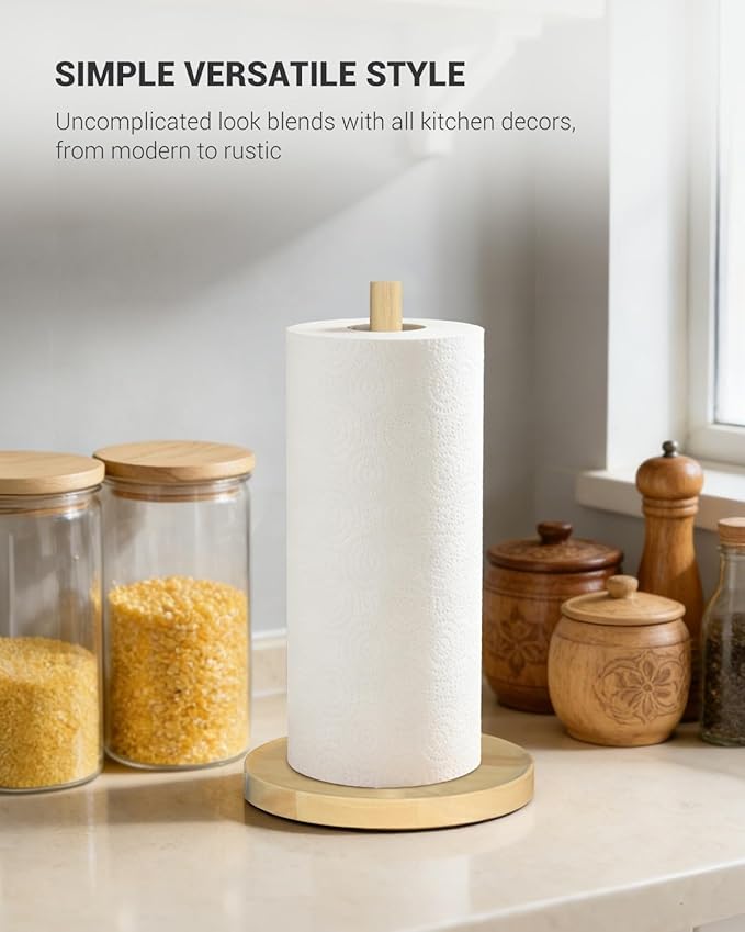 NESAPTO Paper Towel Holder Countertop, Wooden Freestanding Paper Towel Stand for Modern Farmhouse & Cottagecore Decor, Kitchen Bathroom Essential, Natural Color
