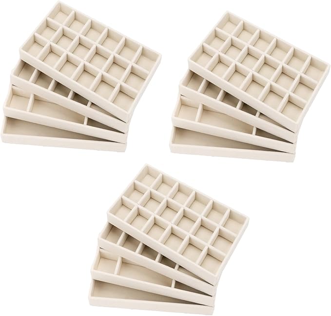 Velvet Jewelry Organizer for Drawer, Stackable Jewelry Drawer Inserts in Dresser, 8in Beige Storage Display Case for Rings Stud Necklaces Accessories, Set of 12