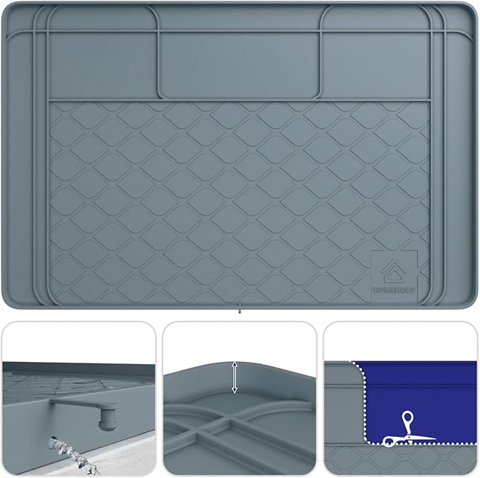 Premium Under Sink Mats for Kitchen Waterproof, 34" x 22" (Customizable to Smaller Sizes), Silicone Under Kitchen Sink Mat for Bathroom Cabinets, Holds up to 3.3 Gallons of Liquid – Grey