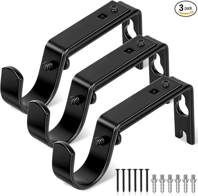 Heavy Duty Curtain Rod Brackets, Adjustable Wall Mount Iron Rod Holders for 1 Inch Rods, Window Treatment Hardware Kit with Screws & Anchors (3PCS)