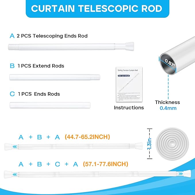 White Shower Curtain Rod 45 to 77 Inch,Shower Rods for Bathroom,Spring Tension Curtain Rod No Drilling for Windows Doors Closet Kitchen Wardrobe