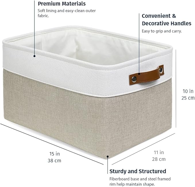 OrganiHaus Large Fabric Storage Baskets for Shelves 3 Pack, 15x11in Closet Storage Bins, Canvas Storage Bin for Organizing, Cloth Baskets, Linen Closet Organizers, Beige/Off-White