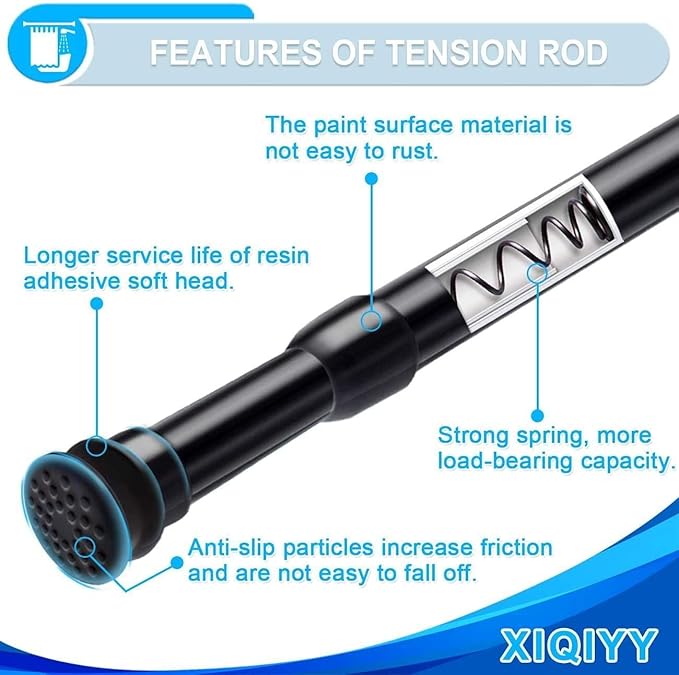 Strong Small Tension Rods 16 to 28 Inch Diameter 22 MM 1Pcs 1inch Shower Curtain Rod Black, Anti-slip -Heavy Duty Adjustable Spring Tension Rod for Windows,Bathroom