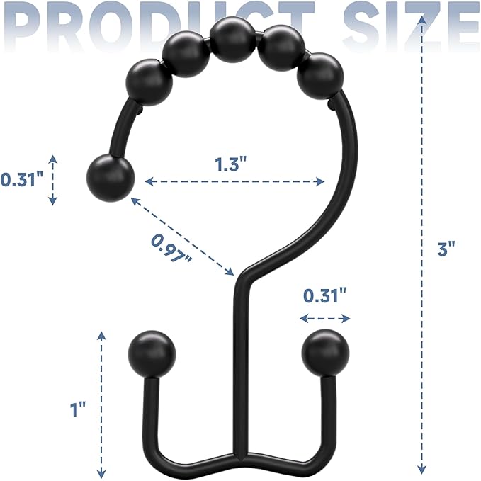 Titanker Shower Curtain Hooks Rings, Rust Resistant Metal Double Glide Shower Hooks Rings for Bathroom Shower Rods Curtains, Set of 24 Hooks - Black