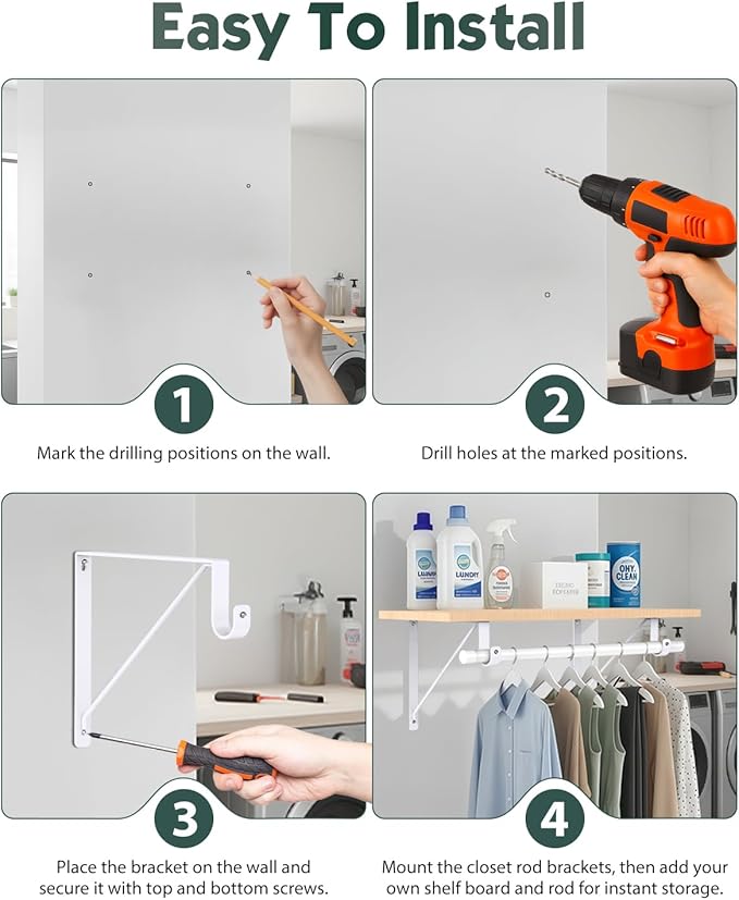 Supforce 2 Pack Closet Rod Bracket, Heavy Duty Closet Rod Support with Rod Holder, Wall Mounted Closet Shelf Brackets with Triangle Stabilizing Design for Closet, Bathroom and Kitchen, White