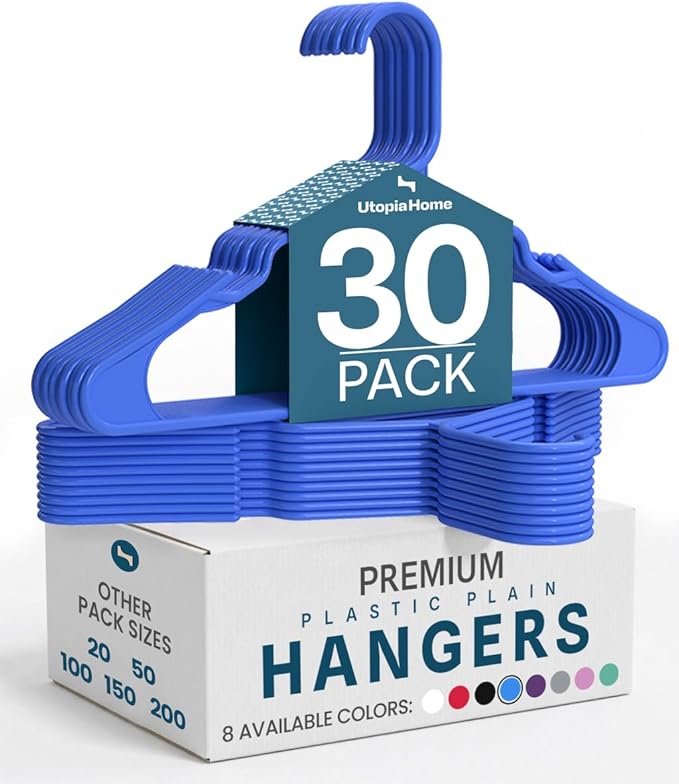 Utopia Home Clothes Hangers 30 Pack - Plastic Hangers Space Saving - Durable Coat Hanger with Shoulder Grooves (Blue)