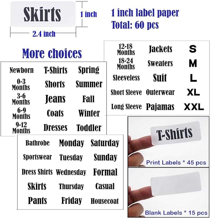 16 Pack White Clothing Rack Size Dividers Plus 60 Labels (1 Inch) and 16 Large Blank Labels, Large Rectangular Clothing Closet Dividers (Pearl White)