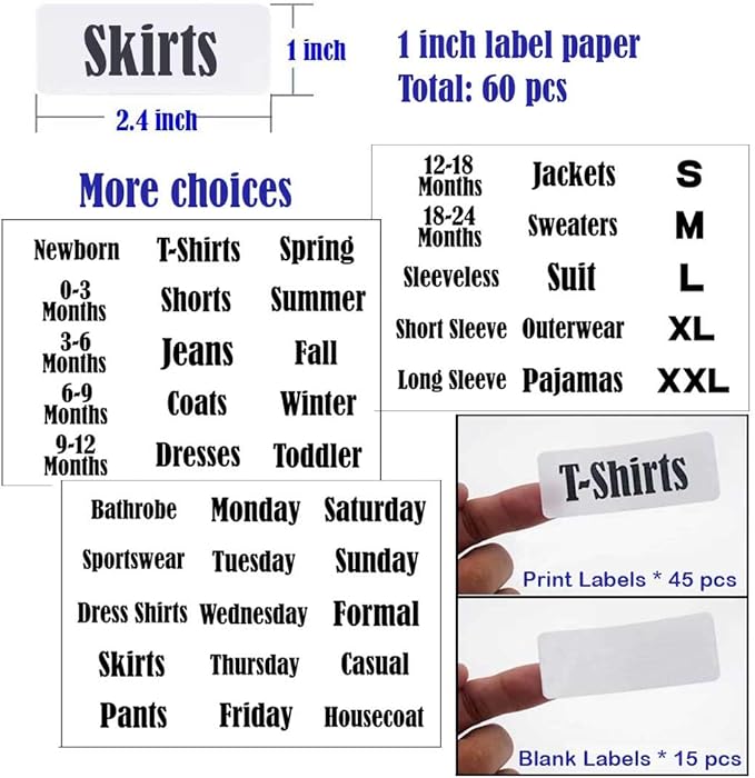 10 Pack White Clothing Rack Size Dividers Plus 60 Labels (1 Inch) and 16 Large Blank Labels, Large Rectangular Clothing Closet dividers (Pearl White)