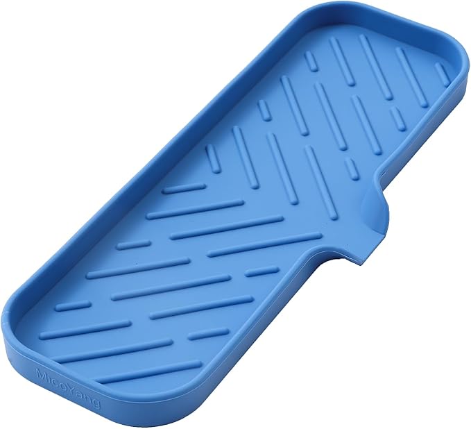 MicoYang Silicone Soap Dish with Drain Spout — Self-Draining Double Sink Organizer Tray for Kitchen & Bath, Dispensers, Sponges & Soap Holder, Non-Slip & Dishwasher Safe, Lichen Blue (Large, 12"×4")
