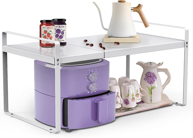 Expandable Cabinet Countertop Shelves, 9" Deep Cabinet Shelf Organizer Riser for Kitchen Pantry Cupboard Under Sink Countertop Organization Storage, Adjustable Metal Organizer Shelf with Nonslip Legs