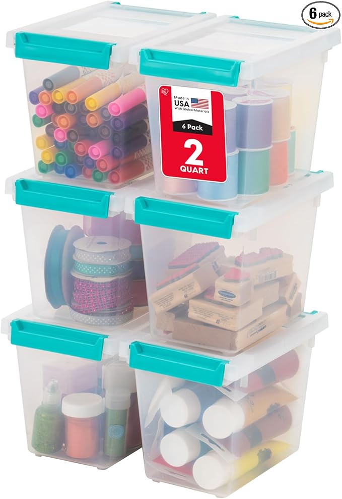 IRIS USA 2 Qt. Craft Storage Bins with Lids, 6-Pack, |Made in USA|, Clip Box, Small Tall Plastic Sensory Bin Tote Organizer Containers for Art Supplies, Paper, & Office, Stackable - Clear/Seafoam Blue