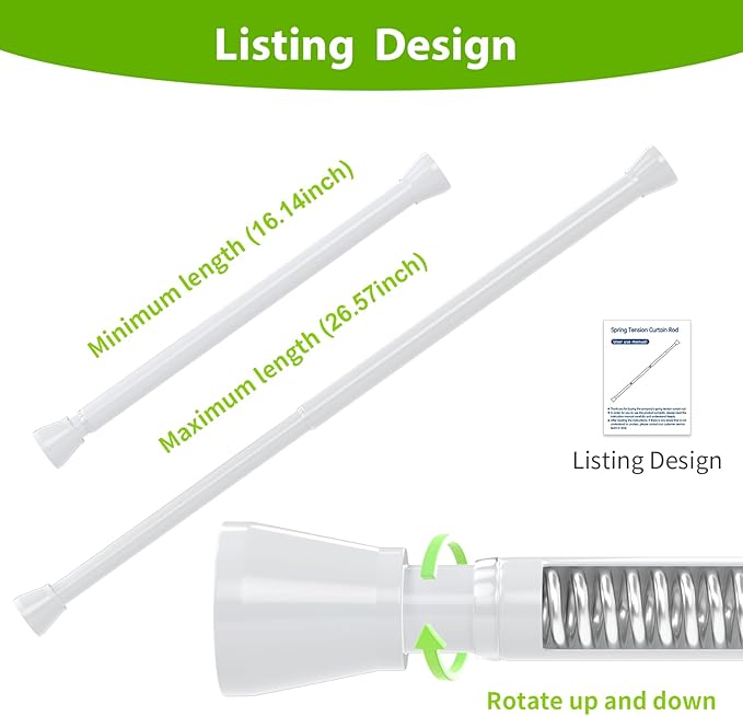 White Tension Rods 16 to 26 Inch Tension Curtain Rod Small Tension Rods Adjustable Curtain Rod Spring Curtain Rods No Drilling Expandable Pressure Spring for Closet Kitchen